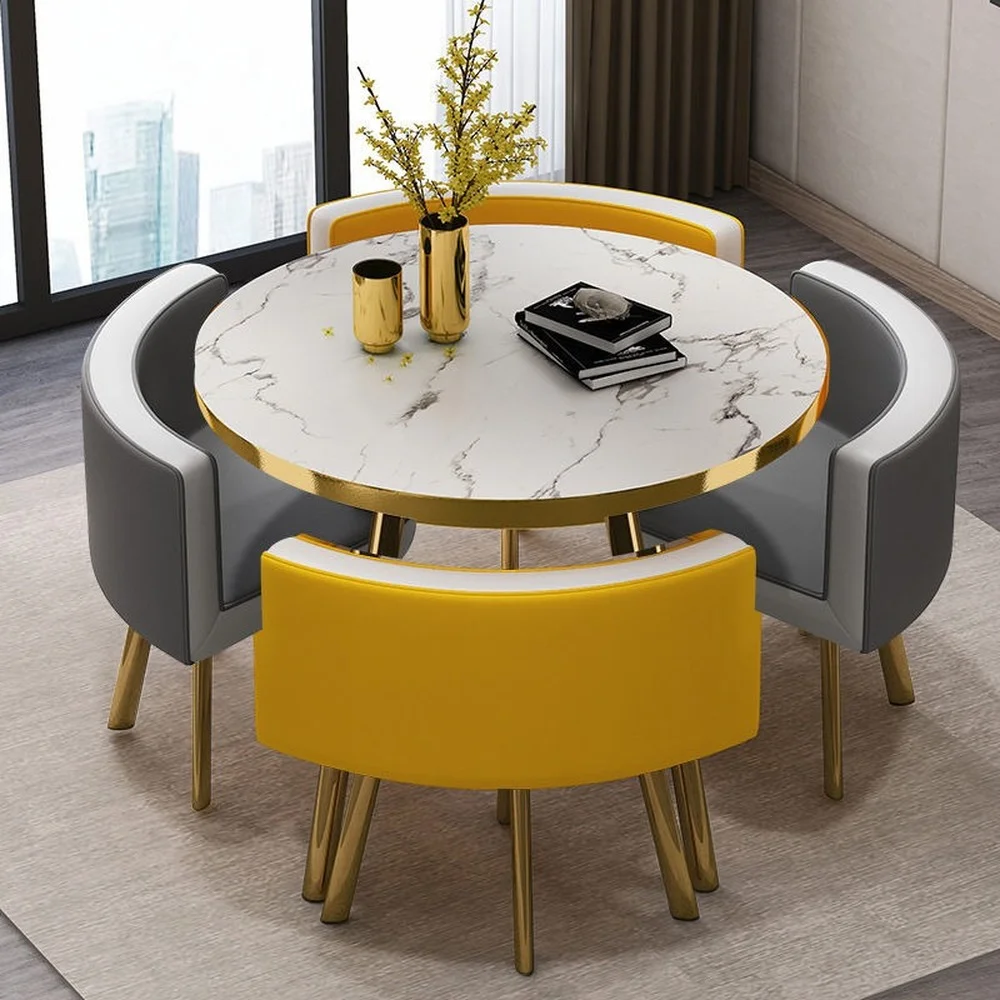 Marble Round 80cm Dining Tables Set 4 Chairs Modern Center Wood Table Luxury White Muebles Para El Hogar Apartment Furniture