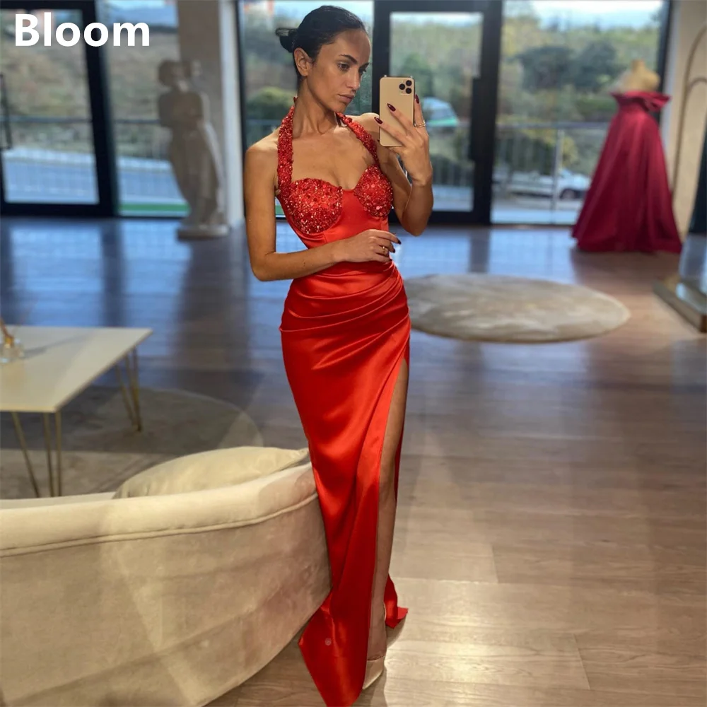 

Bloom Satin Red Sheath Prom Dresses 2024 Sleeveless Floor-length Arabia Party Gown فساتين مناسبة رسمية Vestidos De