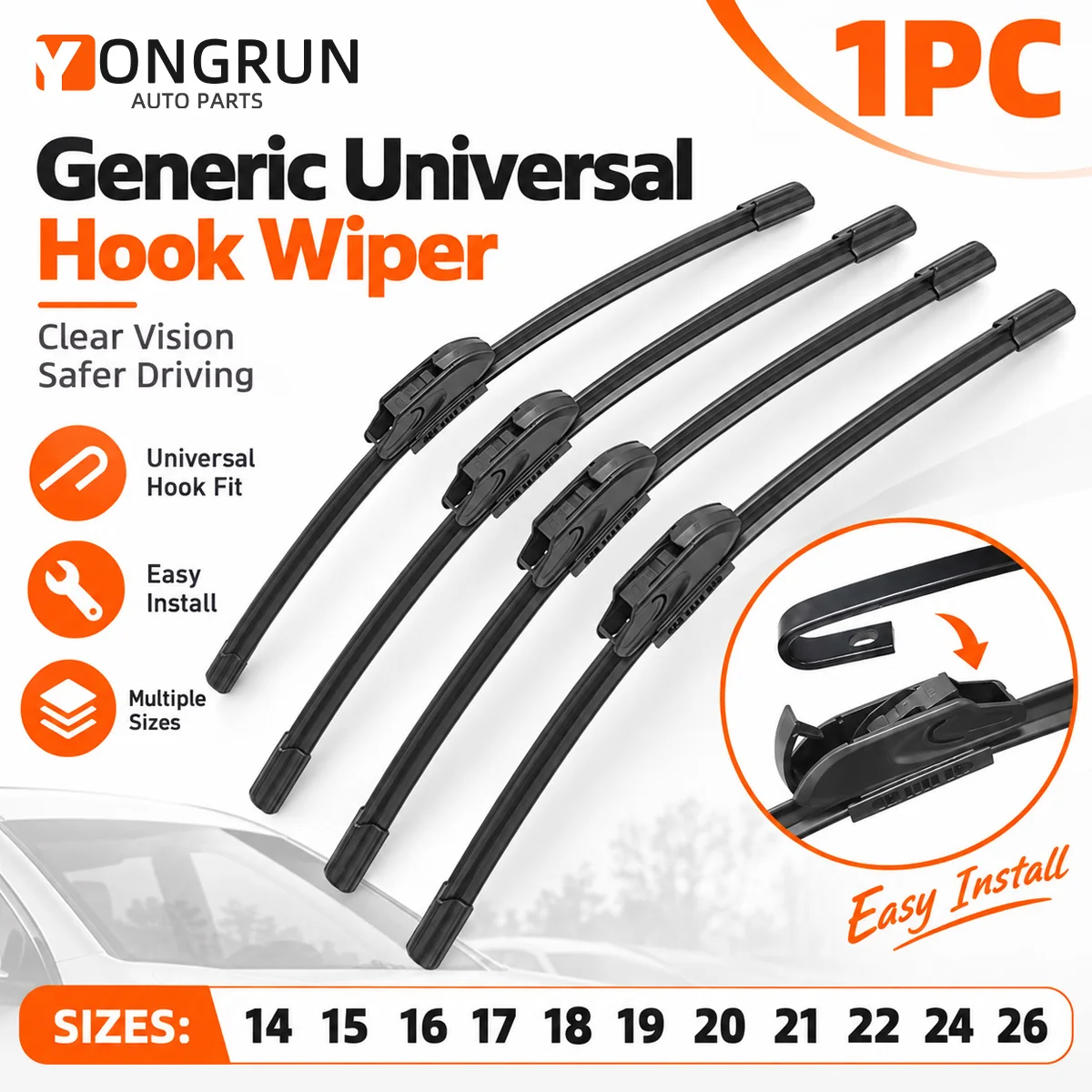 YONGRUN Universal J UHook Wiper Blade Car Windshield Wipers Replacement Front Window Auto Accessories Durable Clear Vision Parts
