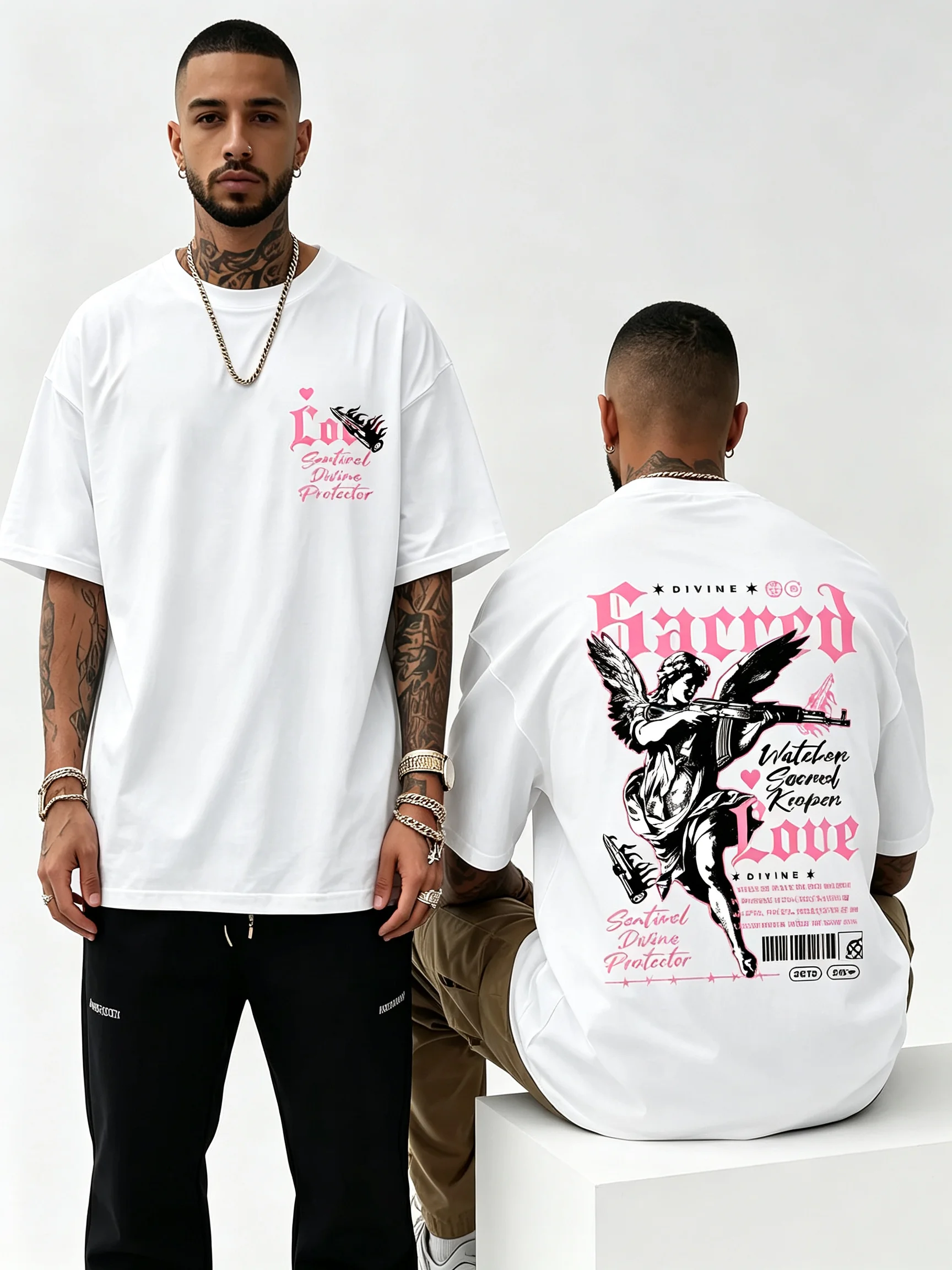 2026Streetwear Collage Figure Double‑Sided Graphic T‑Shirt For Kids Adults Pink Black Contrast Loose Fit Short Sleeve Casual Tee