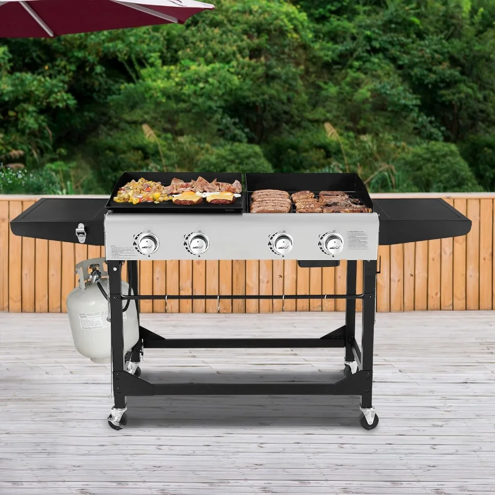 

Grill-Portable Propane Gas Griddle Combo with Side Table | 4-Burner, Folding Legs,Versatile, Outdoor | Black 66 Inch-BBQ grill