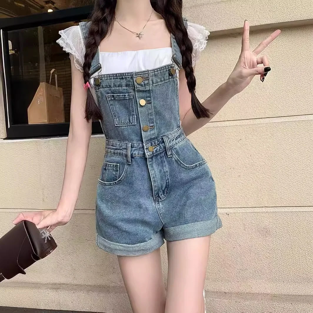 

American Retro Sexy Girl Denim Overalls Women Summer Slimming High Waist Short Pants Commute Style Water Wash Cotton 100%