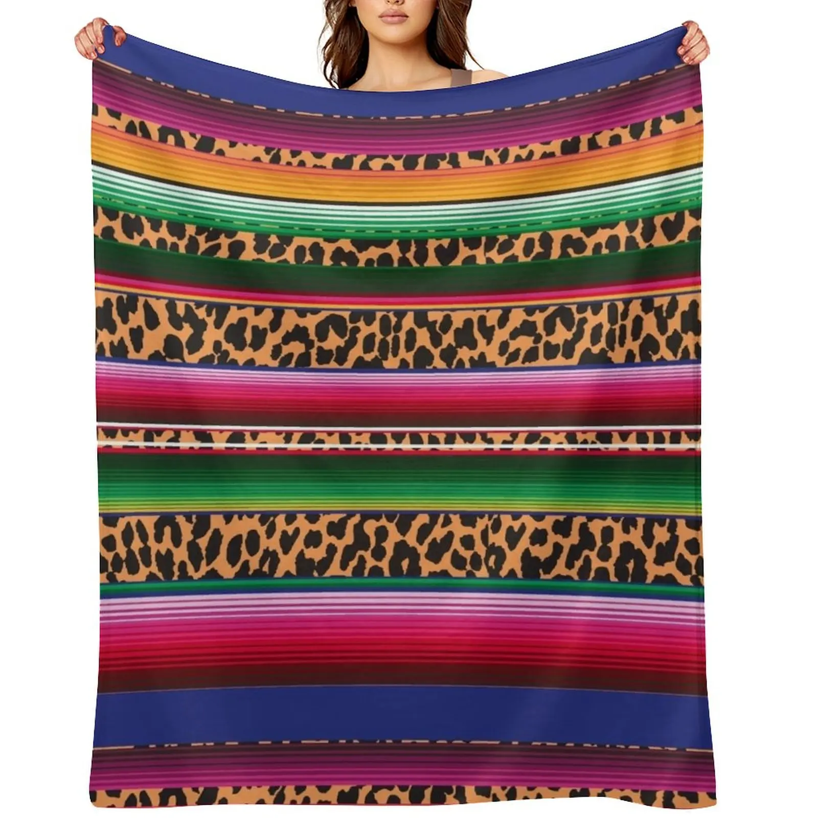 

Beautiful Mexican Serape and Leopard Print Throw Blanket Loose Personalized Gift Plush wednesday Blankets