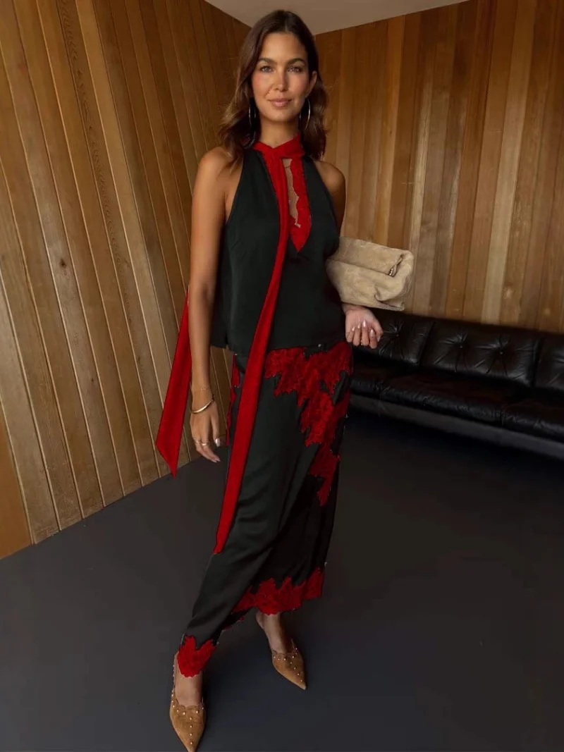 Sexy Lace Embroidery Splice Satin 2 Piece Sets Women Outfit Summer Clothes Women Sleeveless Top Long Skirt Suit Satin Dress Sets