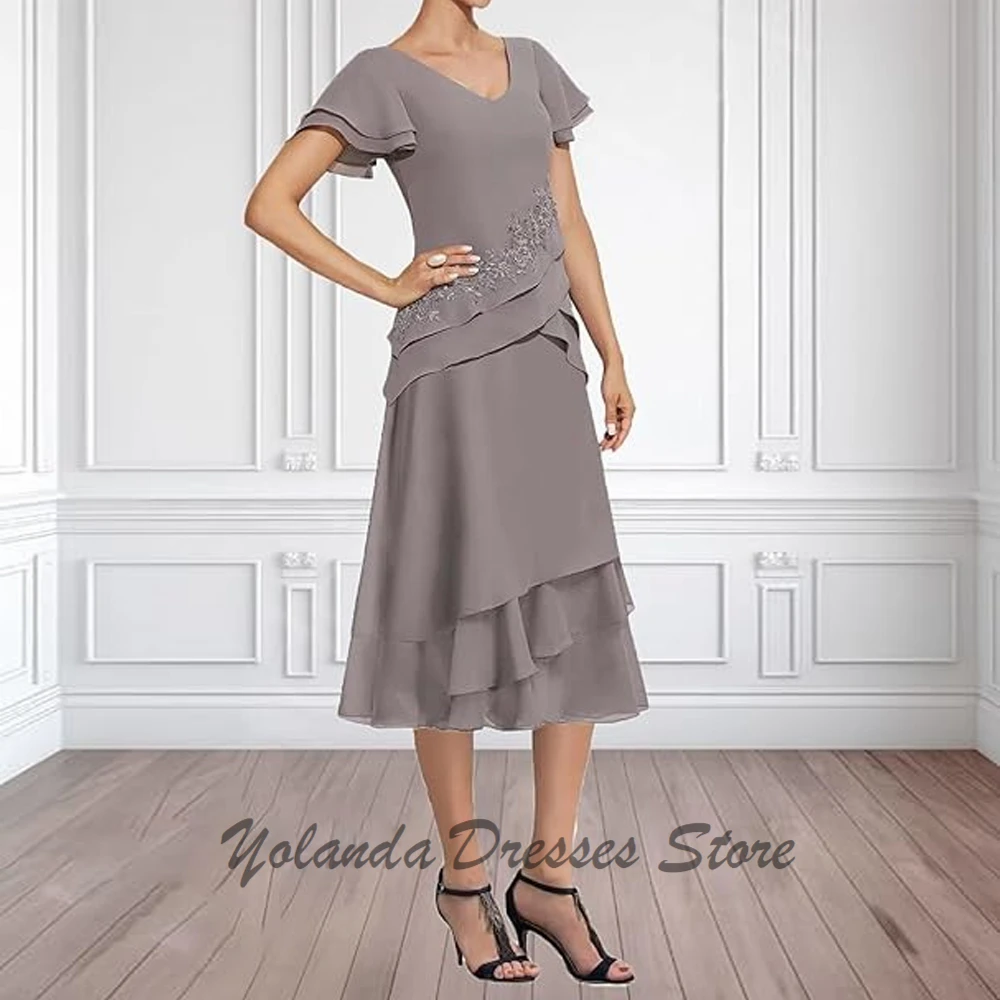 

Customized Simple Mother of The Bride Dresses Short Sleeves Formal Evening Gown V Neck Wedding Guest Dress Applique Lace 2025
