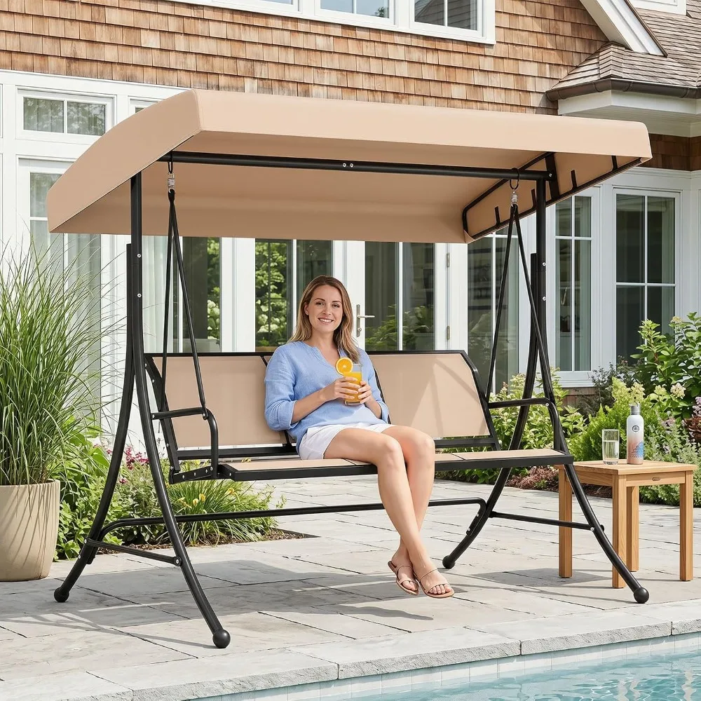 3 Person Porch Swing, Patio Swing with Adjustable Canopy, Heavy-Duty Frame, Breathable Fabric, Outdoor Swing, Customized