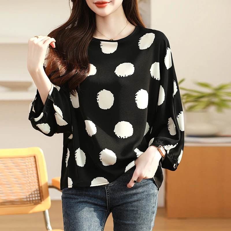 Women Spring Korean Loose Simplicity Polka Dot Chiffon O-neck Pullover 3/4 Sleeve Shirts Women Clothes Casual All-match Tops