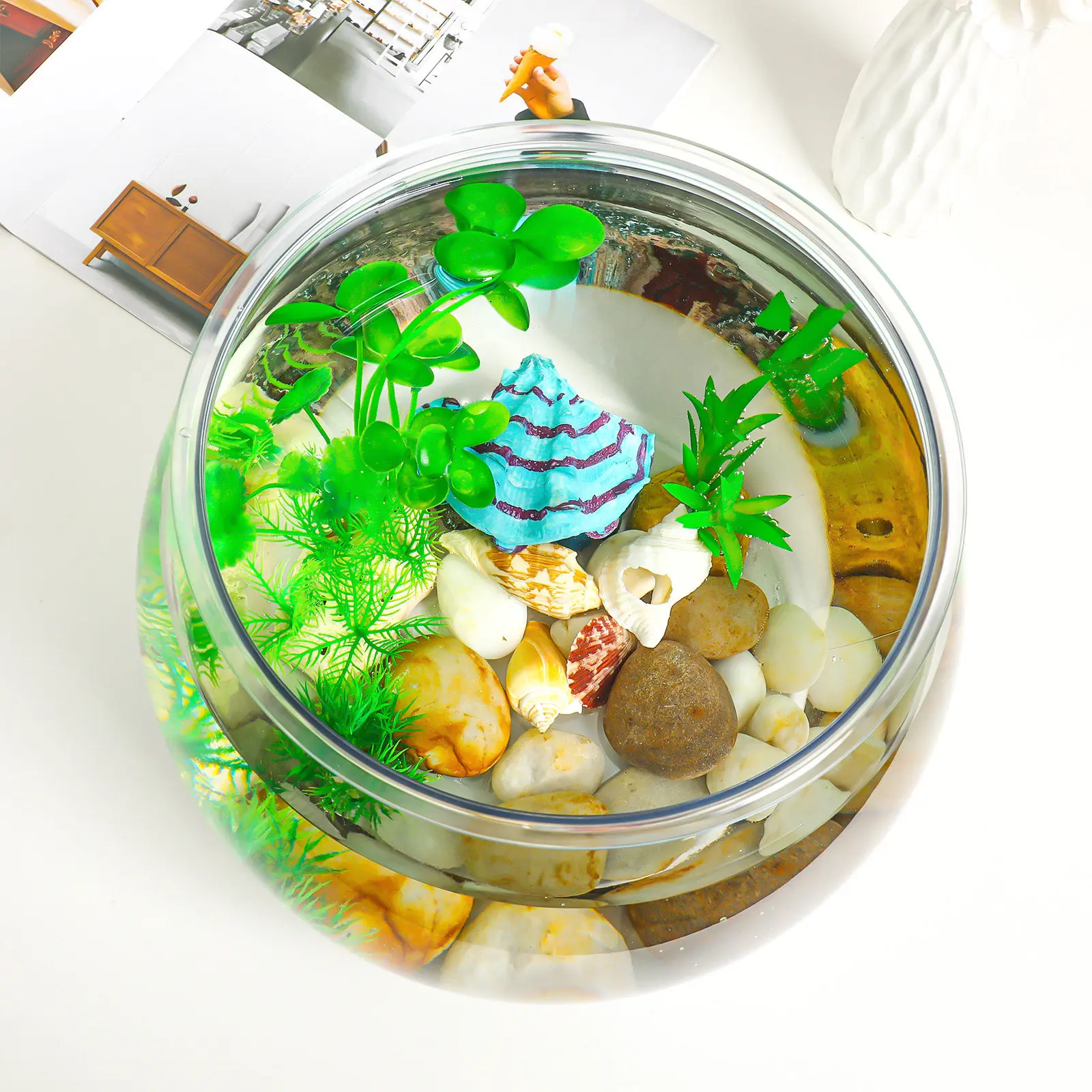 Clear Plastic Fish Bowl Round Small Desktop Aquarium for Goldfish Betta Turtles Easy Maintenance Fall Resistant Lightweight Home