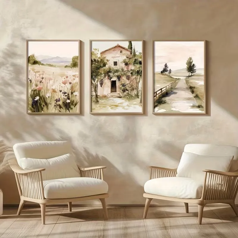 3pcs Spring Rural Scenery Paintings Rural Paths Rural Farmhouses Wildflowers Grassland Views Canvas