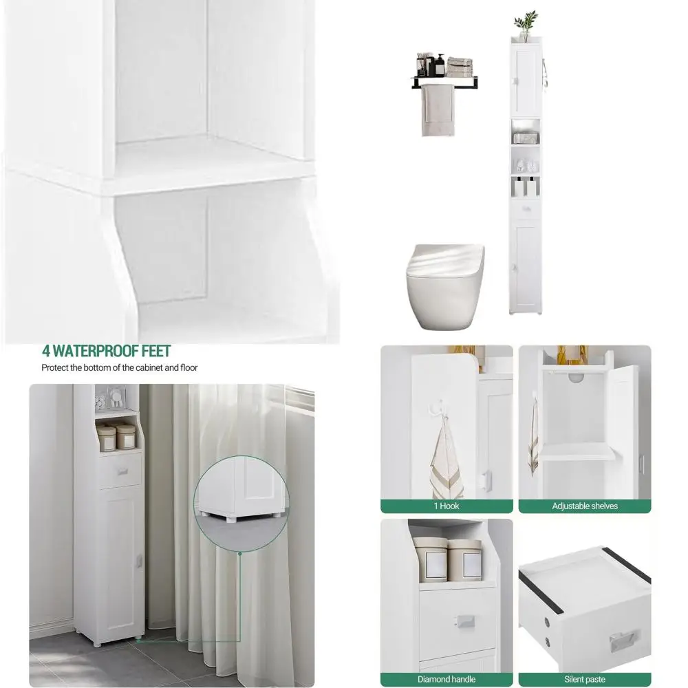 

Space-Saving Tall White Bathroom Cabinet with 2 Doors, 1 Drawer, Adjustable Shelf, and Hook