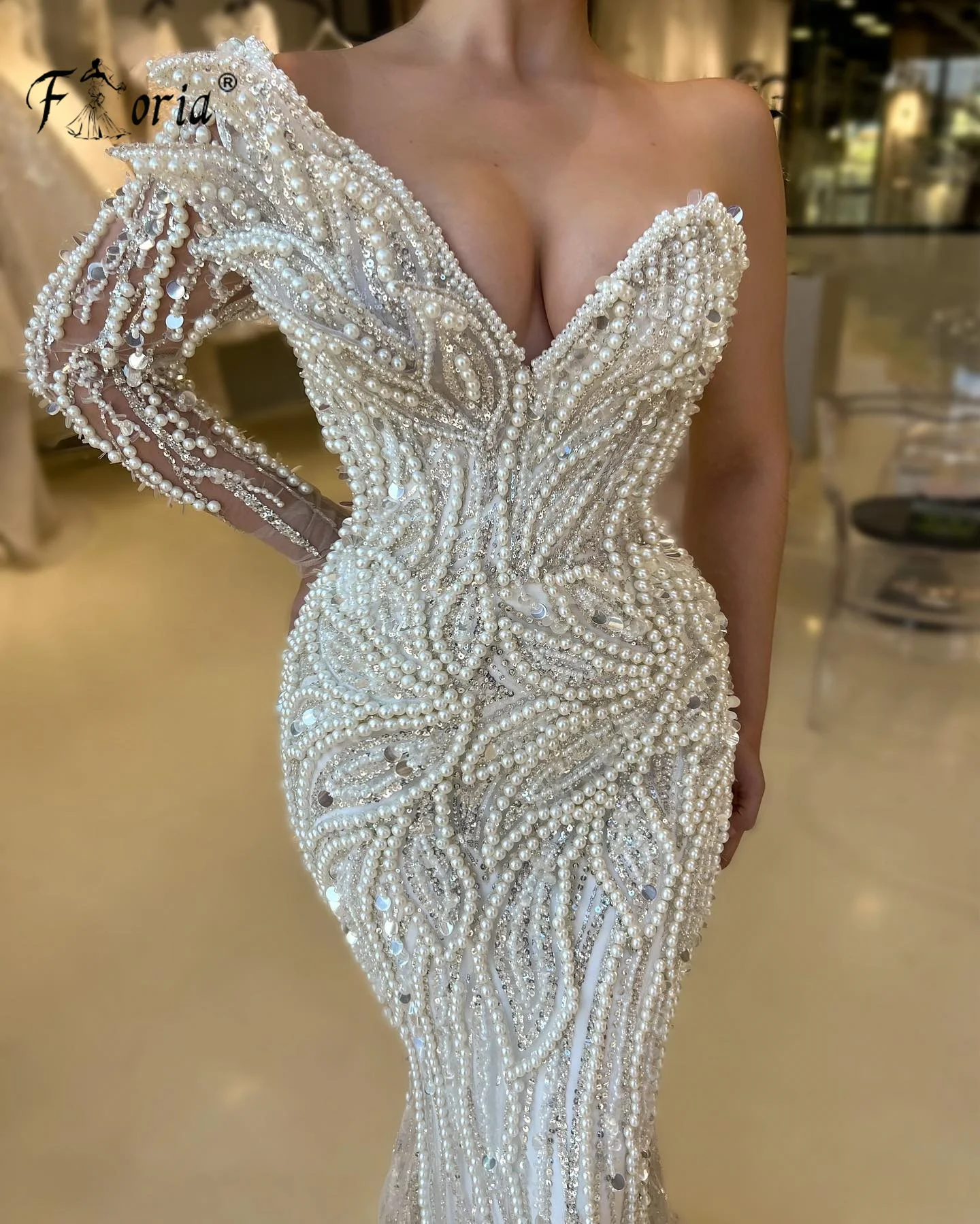 Elegant Dubai Mermaid Formal Evening Dresses Beads 3D Appliques Ivory Party Gowns Robe De Soiree Arabia Formal Prom Dress 2023