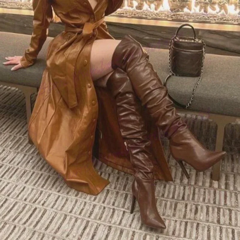 Braune Overknee-Partystiefel Spitze Schuhe für Damen Overknee Dünne Hohe Absätze Sexy Schuhe 2025 Zapatos Para Mujere