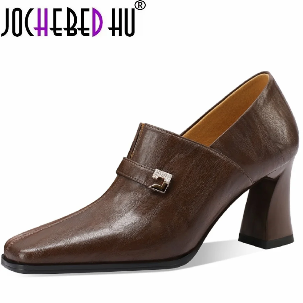 【JOCHEBED HU】Women Handmade Brand Genuine Leather Shoes Square Toe Chunky High Heels Pumps for Shoes 33-43