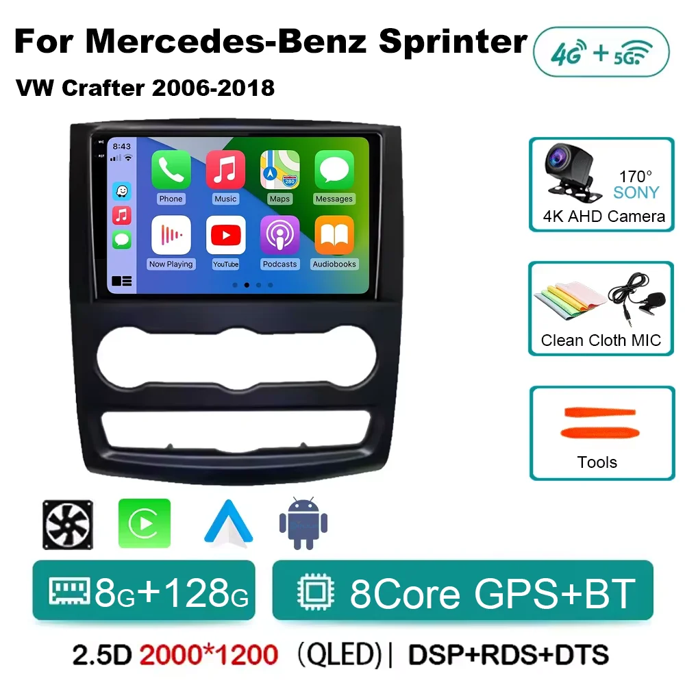 Voor Mercedes-Benz Sprinter W906 VW Crafter 2006-2018 Android 15 Autoradio 2 K QLED Scherm navigatie Draadloze Carplay Auto