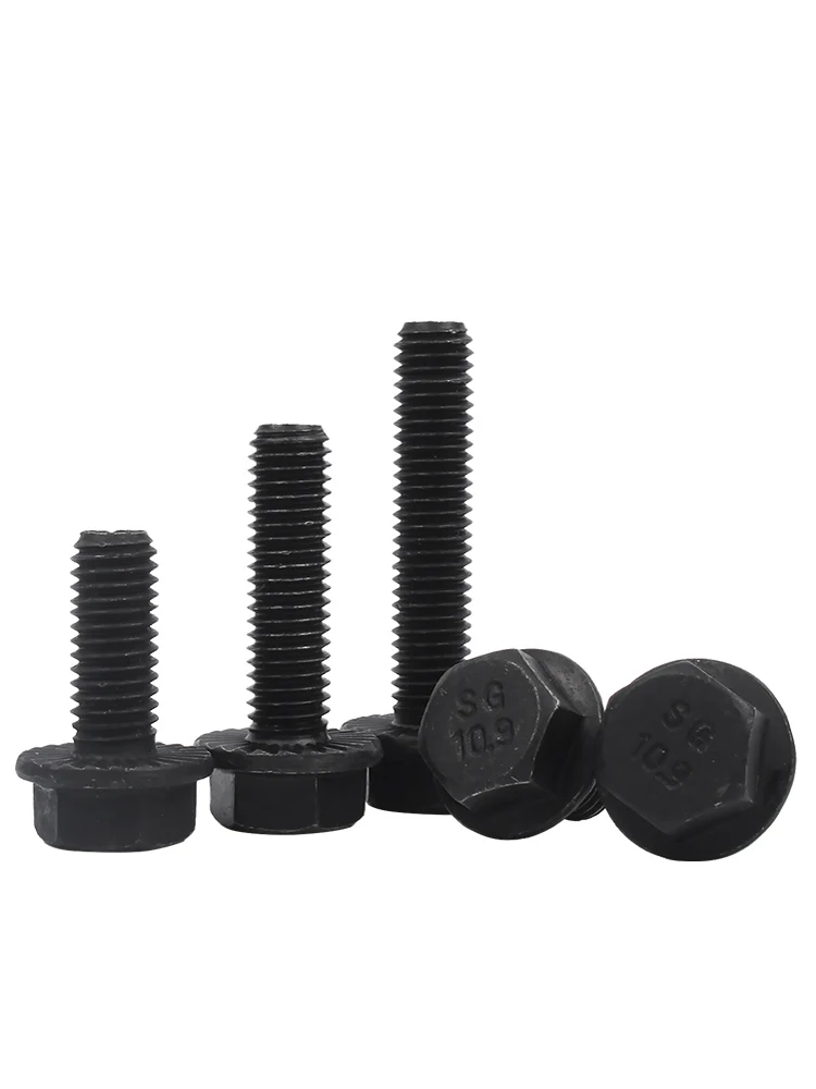 3/5/10/20pcs M5 M6 M8 M10 Black Alloy Steel Grade 10.9 Flange Surface Flat Bottom With Serrated Outer Hexagon Mechanical Screw