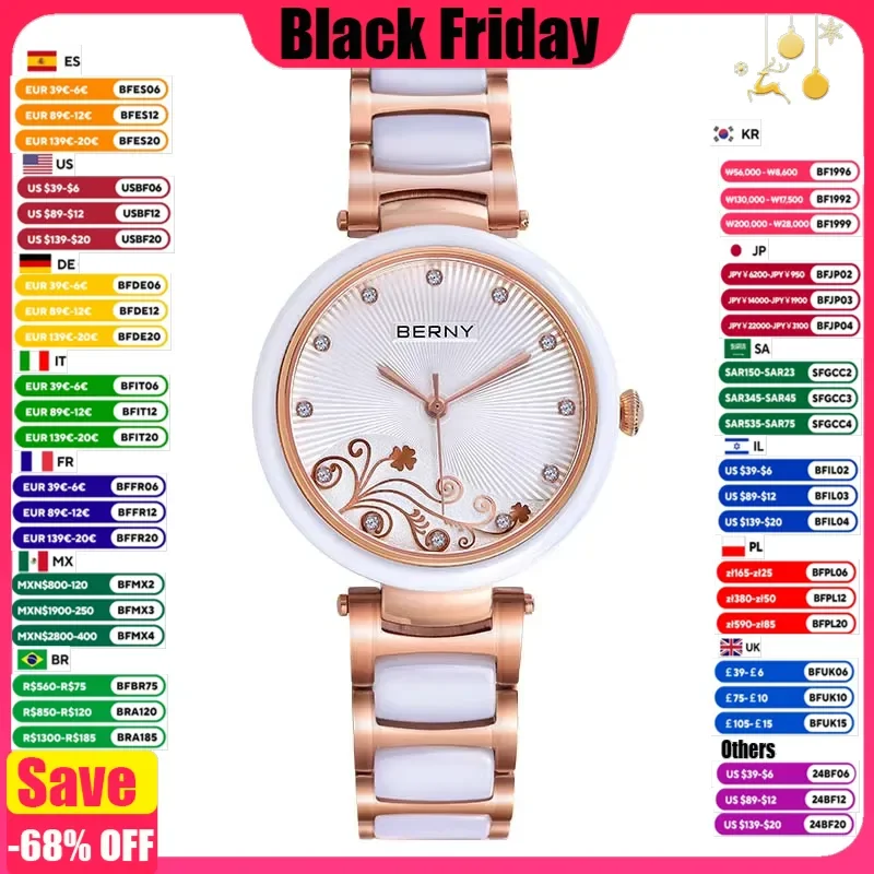 BERNY Women Watch Quartz Ceramic Band Clock Elegant Ladies Morning Glory Design Waterproof Relogio Feminino Reloj Wristwatches