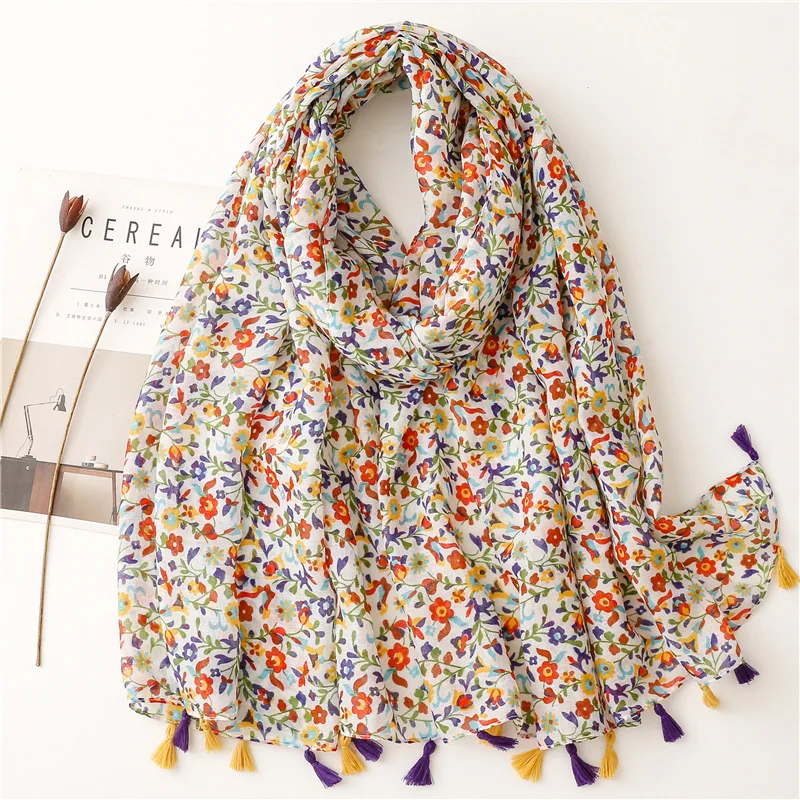 Soft Thin Scarf 100% Viscose Women Aztec Patchwork Floral Tassel Shawls and Wraps Female Muslim Hijab Bufanda Sjaal 2023 Fashion