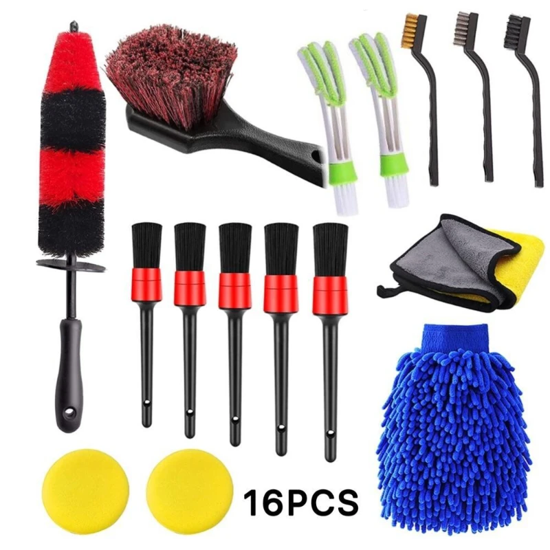 

16PCs car cleaning brush set wheel brush tire detail brush fiber towel glove sponge air conditioner vent cleaning