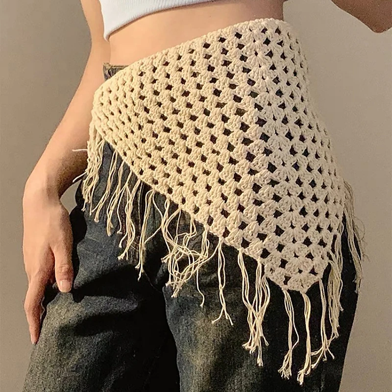 Y2K Hollow-Out Fringe Triangle Schal für Damen, Frühling, verstellbares Layering-Accessoire, vielseitiges Taillen- und Hüftwickel-Mode-Bandana – Detail 3