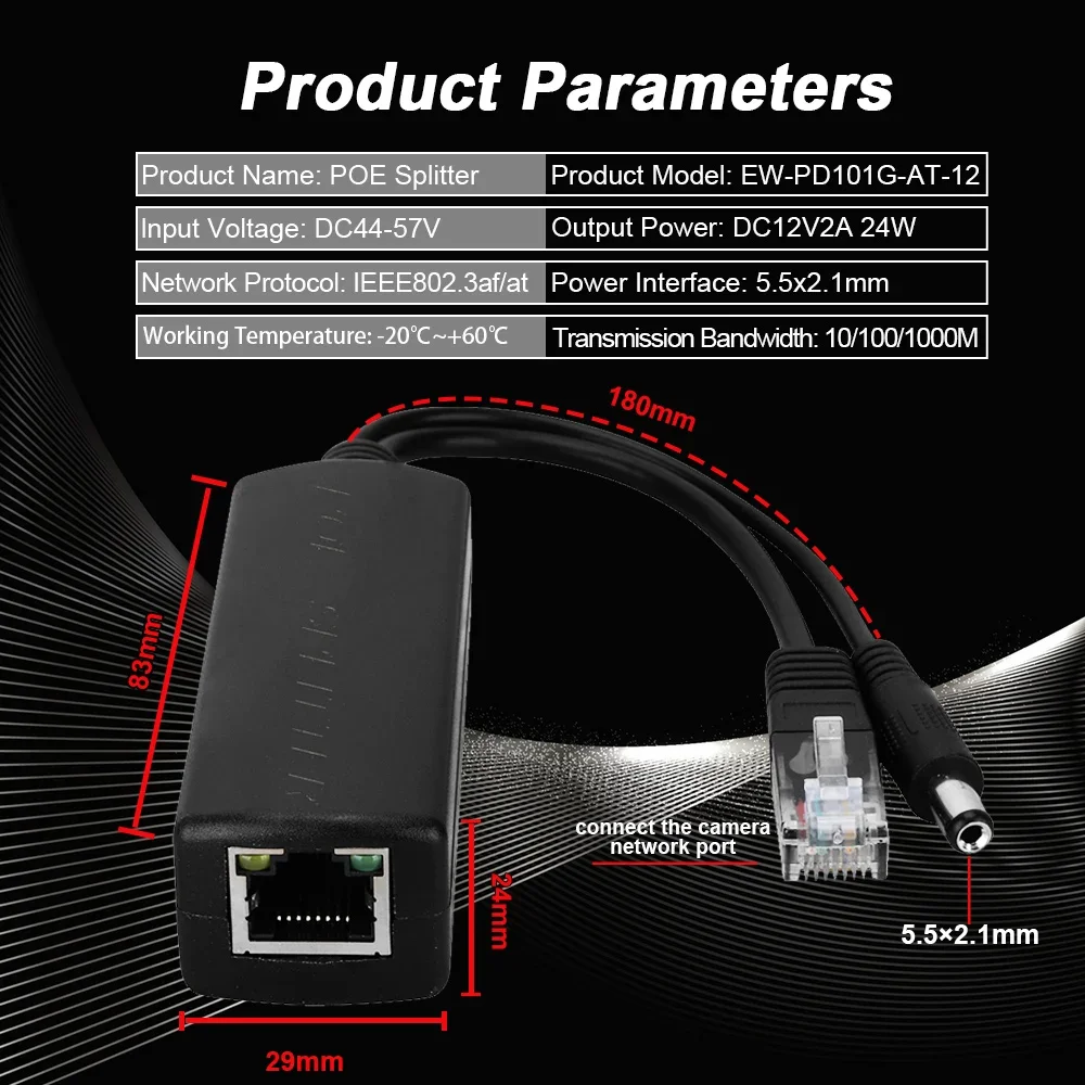 POE Splitter 10/100/1000Mbps IEEE802.3af/at 44-57V To 12V 2A Power Supply for HUAWEI for IP Camera Wireless AP or Non-POE Device