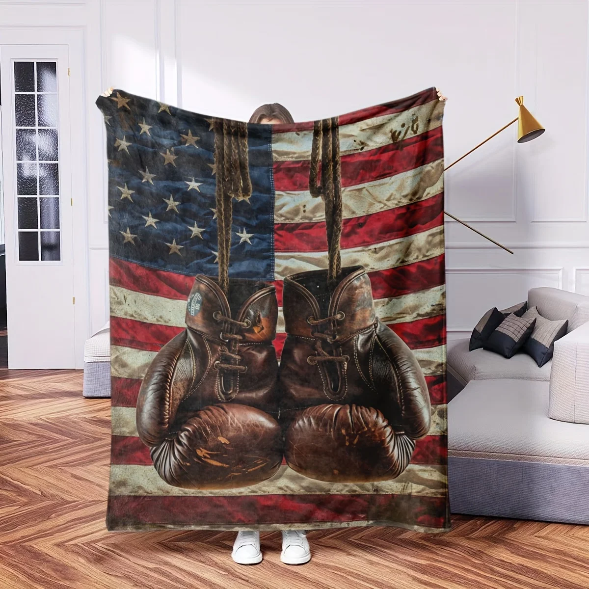 Vintage Boxing Gloves Fleece Throw Blanket, American Flag Background, Perfect for Patriotic Decor & Boxing Enthusiasts, Fluffy G