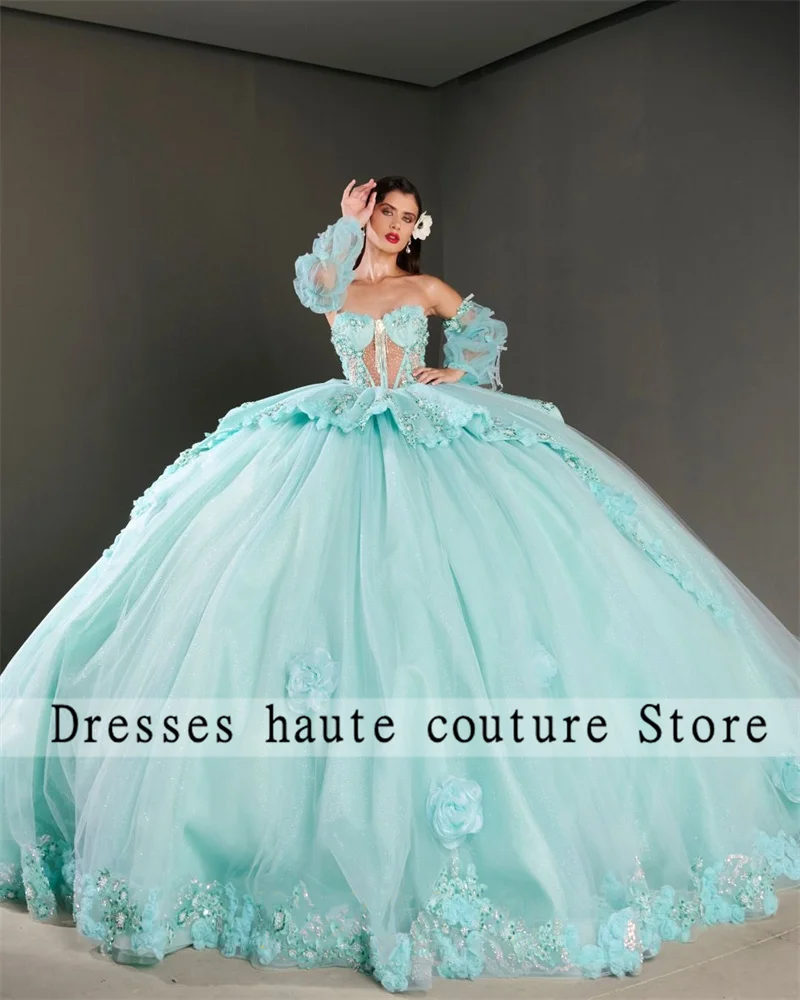 

Светло-зеленые платья Quinceanera 2025 года, бальное платье с открытыми плечами, милое платье 16, аппликация, цветочные бусины, тюлевое платье на день рождения по индивидуальному заказу