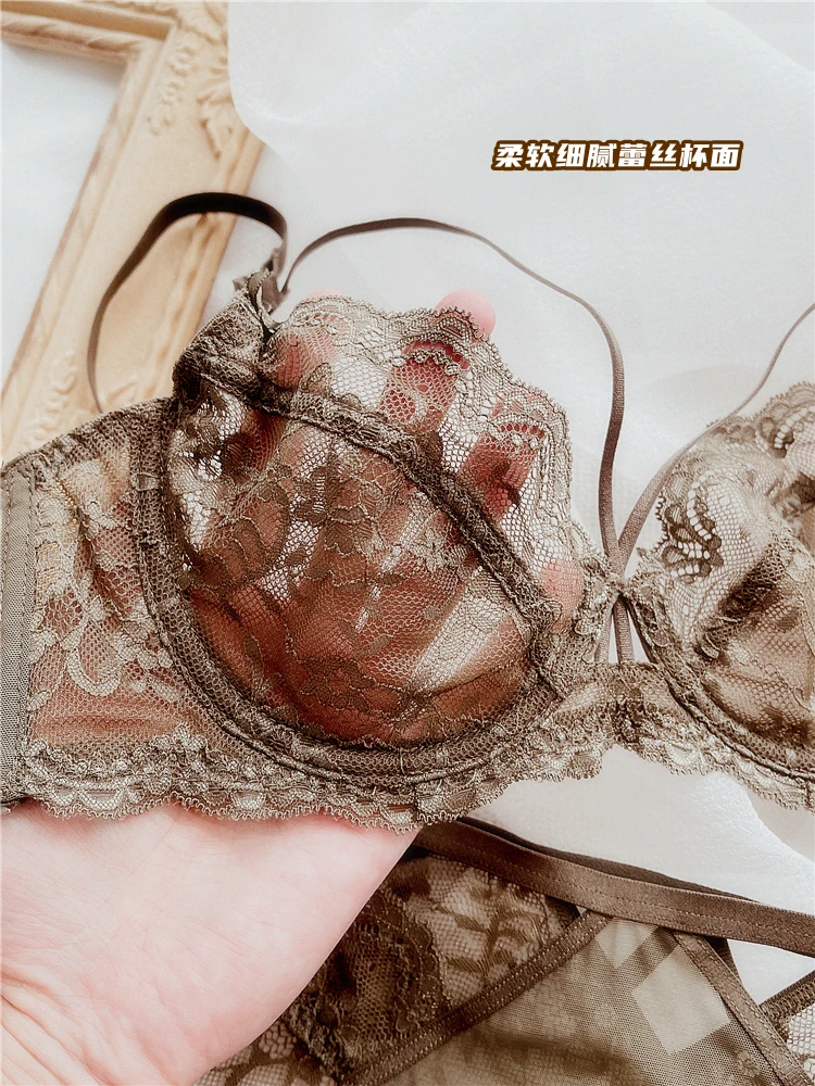 Sexy ultra-thin lace bra steel ring upper support gathers big breasts and shows small soft breathable mesh underwear set