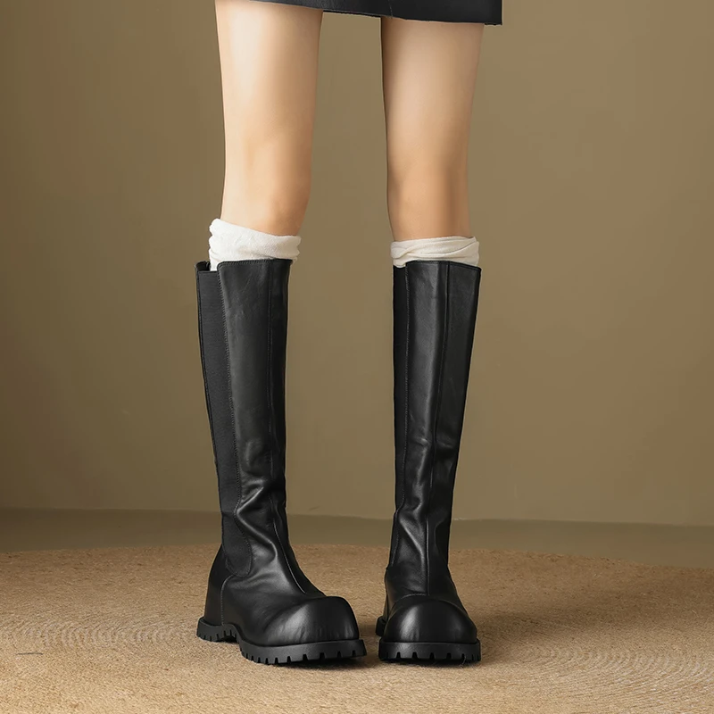 2025 الخريف موضة الأحذية النسائية 100% جلد طبيعي سميكة سوليد أحذية طويلة الركبة فاسق أحذية الحفلات #4