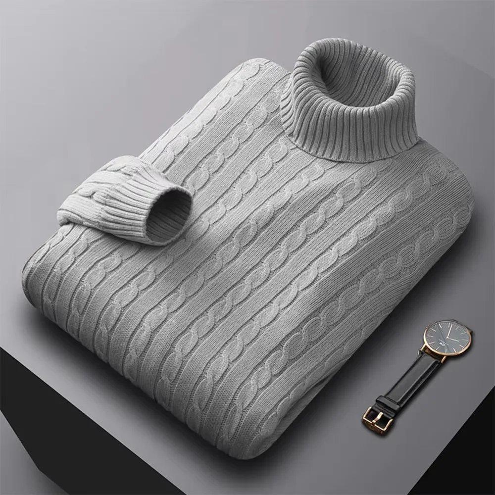 Autumn New Men's Turtleneck Jacquard Sweater Solid Color Knitted Pullover Casual Warmth High Elastic Versatile Male Sweatwear - Image 2