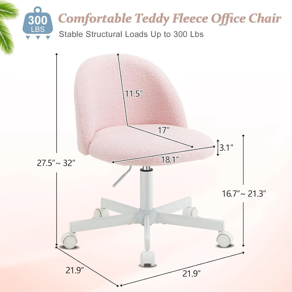 Candy Chair Armless Cute Desk Chair,Comfy Small Office Chair with Wheels,Vanity Chair with Lumbar Support,Teddy Adjustable