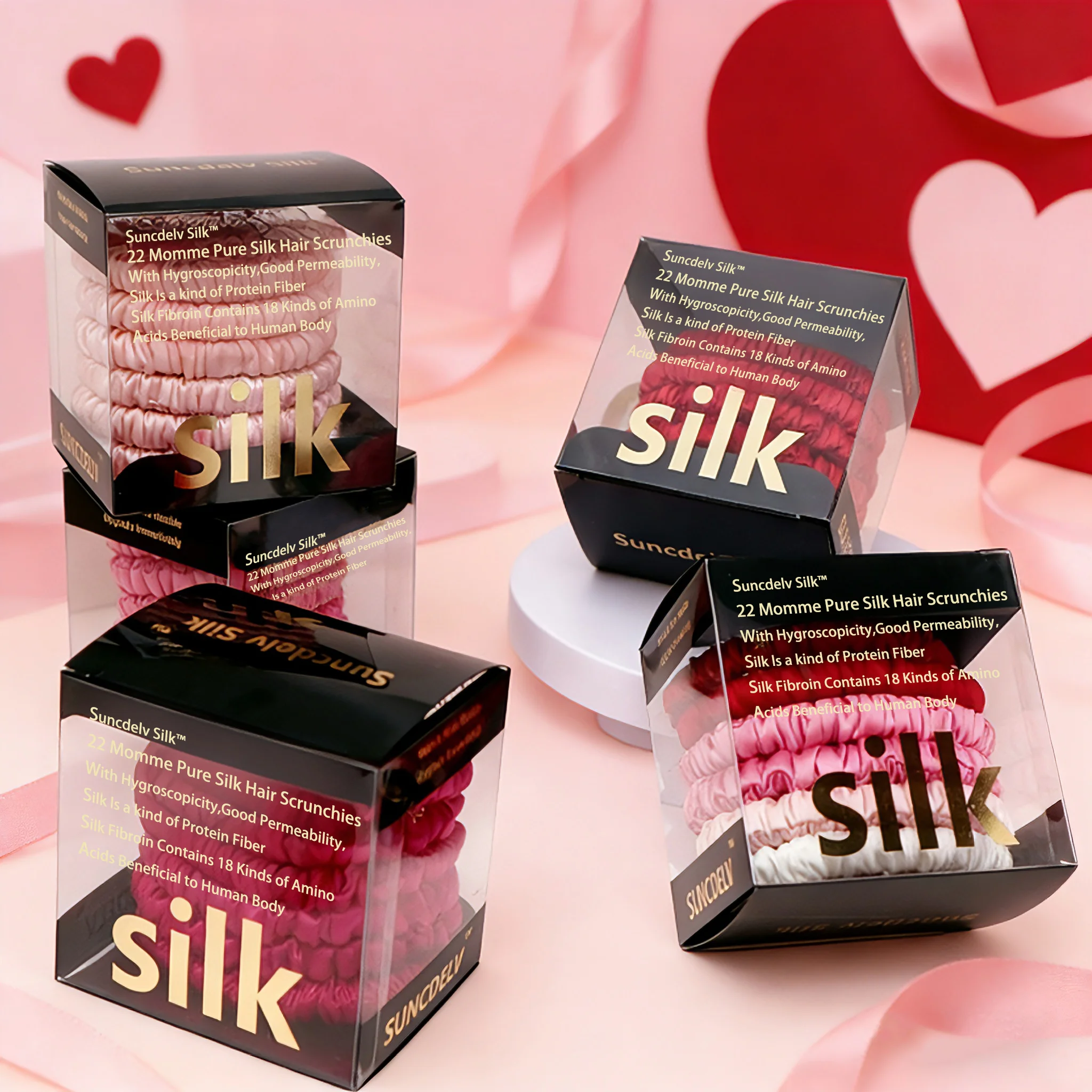 

[22 Momme] 6PCS 100% Pure Mulberry Silk Non-Slip Hair Scrunchies, Valentine's Date Essential Hair Accessories.