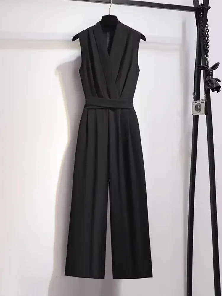 Black Jumpsuits Women Clothing high-end Summer Waist Cinching High Waist Slim Drooping Suit Wide Leg Pants Sleeveless Jumpsuit