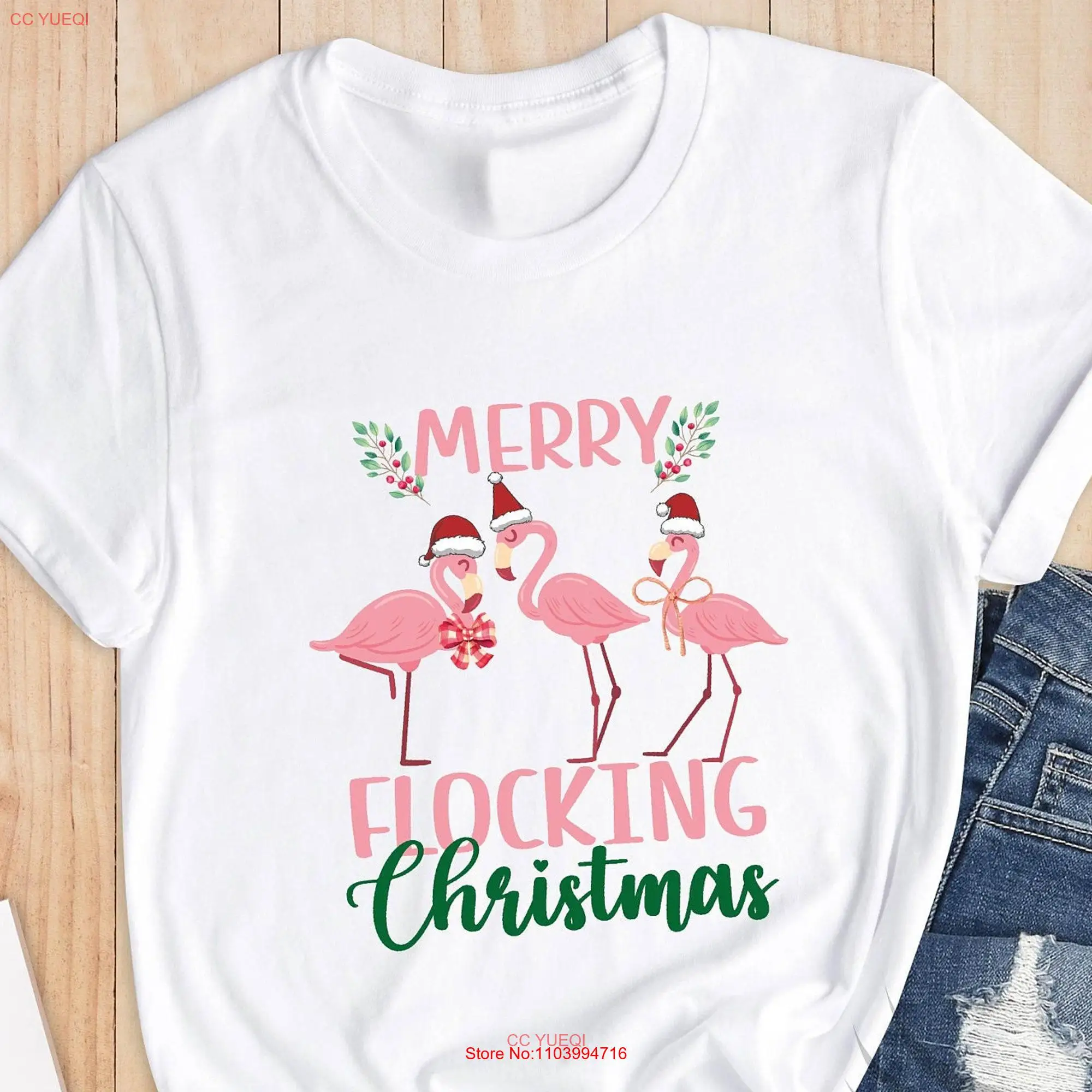 Merry Flocking Christmas T Shirt Xmas Flamingo Animal Lover long or short sleeves