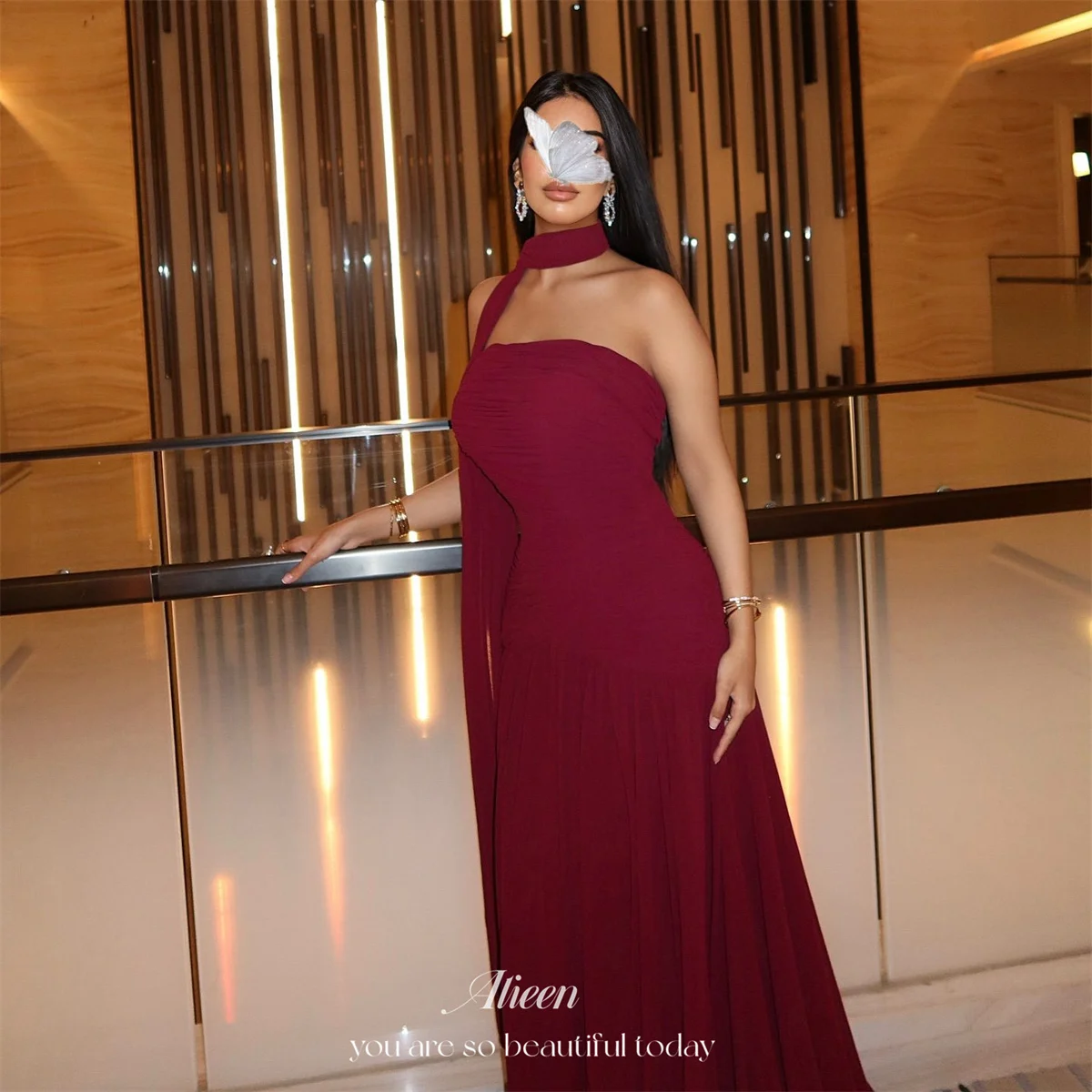 Aileen Wine Evening Dresses Straight One Shoulder Sleeveless Prom Dress Draped Detail Flattering Ruched Bodice Long Customized