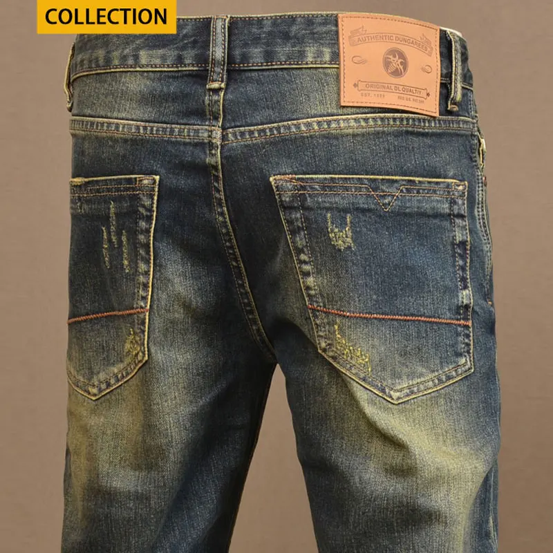 Newly Designer Fashion Men Jeans High Quality Retro Washed Blue Stretch Slim Fit Ripped Jeans Men Vintage Casual Denim Pants