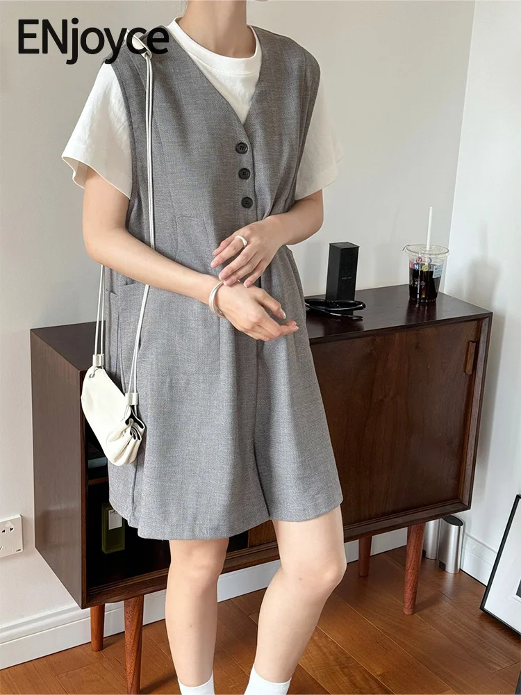 

2024 Summer Women Vintage Texture Wool Jumpsuits Shorts Ladies Workwear Sleeveless Bodysuits Wide Leg Overalls Grey/Linen