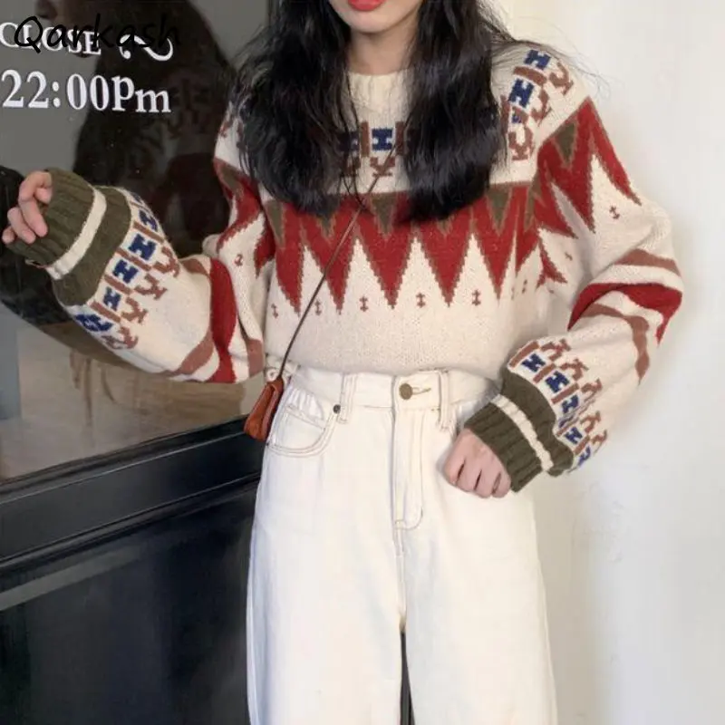 

New Fashion Pullovers Women Cropped Vintage Casual Sweaters Loose Thick Winter Knitted Clothes Students Chic Sweet Preppy Style