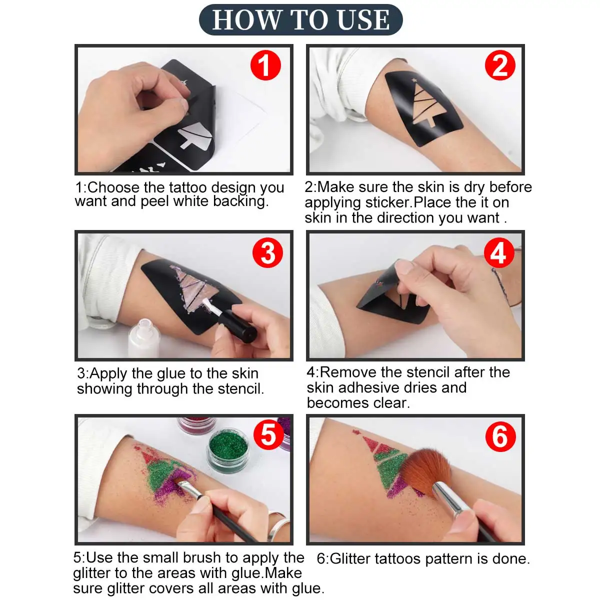 6 latas de polvo de brillo metálico multicolor de gran capacidad y 14 hojas de varios plantillas de plantilla, tatuajes de maquillaje temporal DIY a mano, con pegamento grande y juego de 2 brochas, para fiestas de arte de Halloween, viajes, Navidad, carnaval, cumpleaños