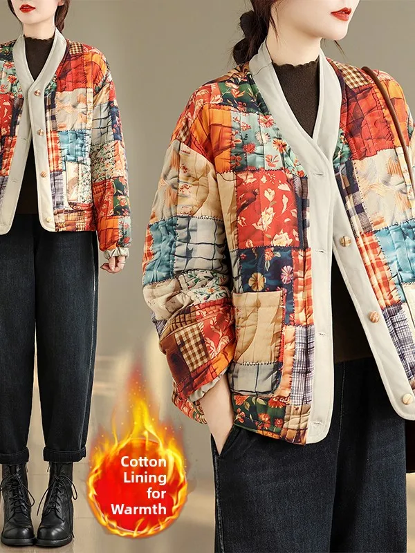 Autentyczna kurtka zimowa z bawełnianą podszewką w stylu retro, ciepła odzież wierzchnia, luźny krój z dekoltem w serek, drukowany płaszcz z bawełny i lnu dla kobiet.