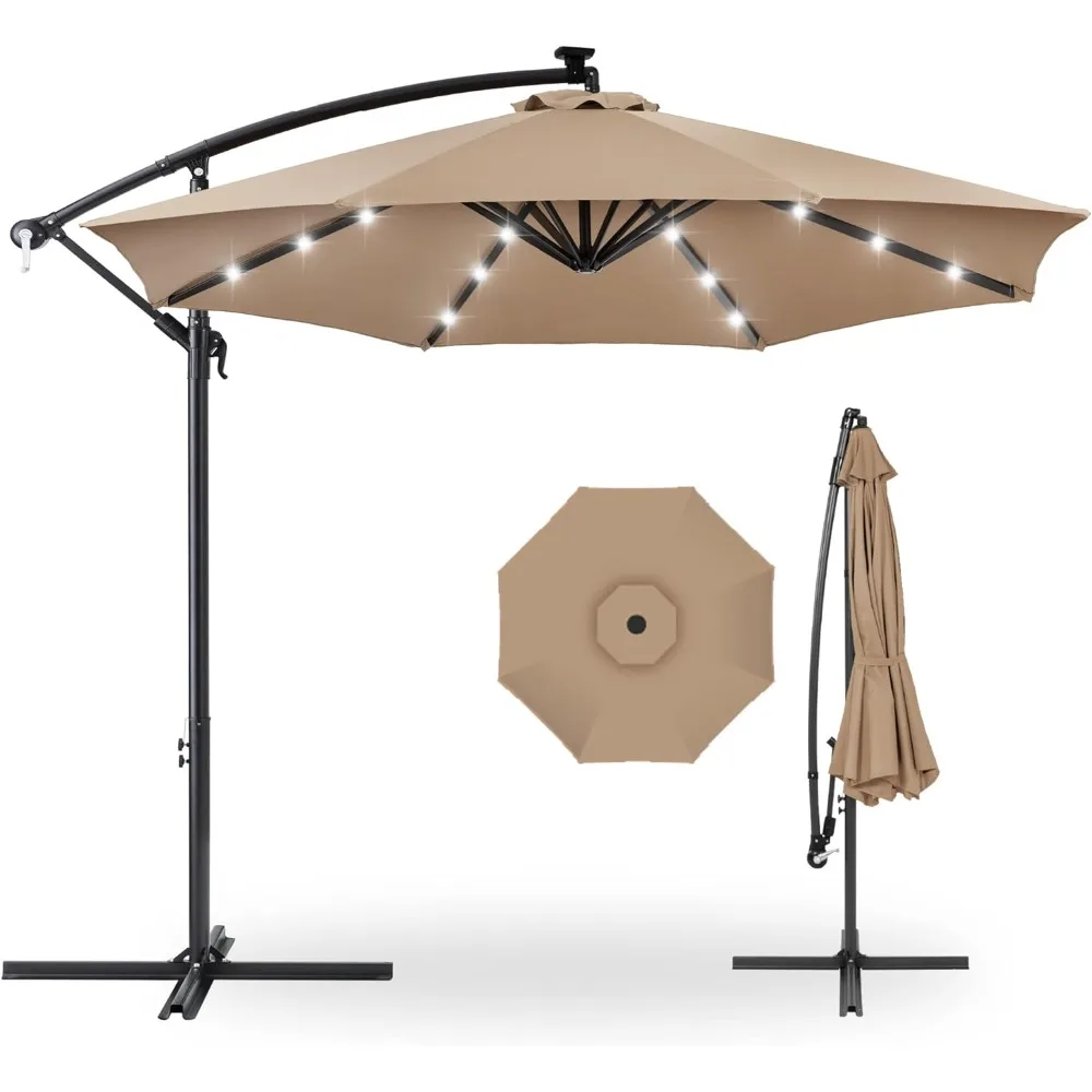 

10ft Solar LED Offset Hanging Market Patio Umbrella for Backyard, Poolside, Lawn and Garden w/Easy Tilt Adjustment, 8 Ribs - Tan