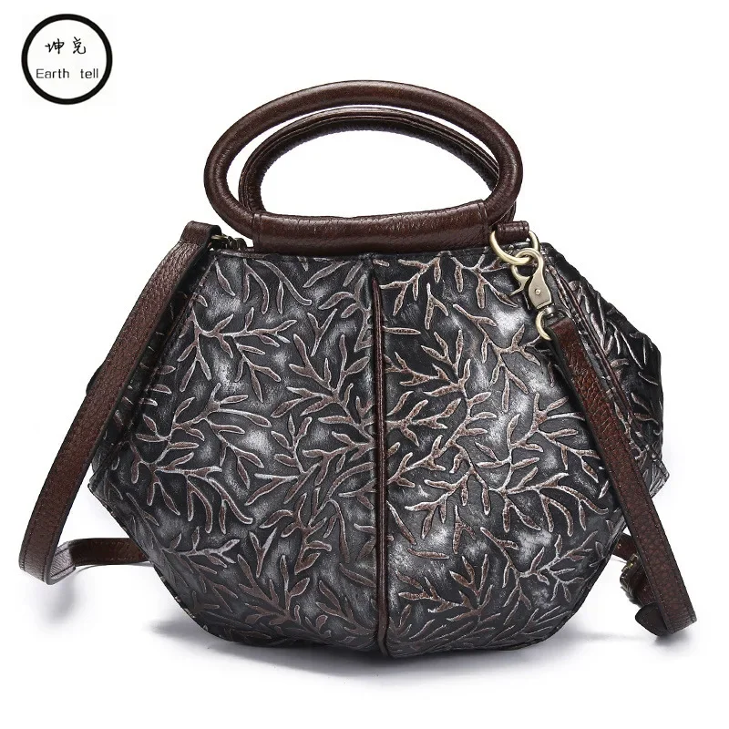New Genuine Leather Women Leisure Large Shoulder Bag Female Retro Printing Messenger Bags Female Cowhide Flowers Travel Handbag
