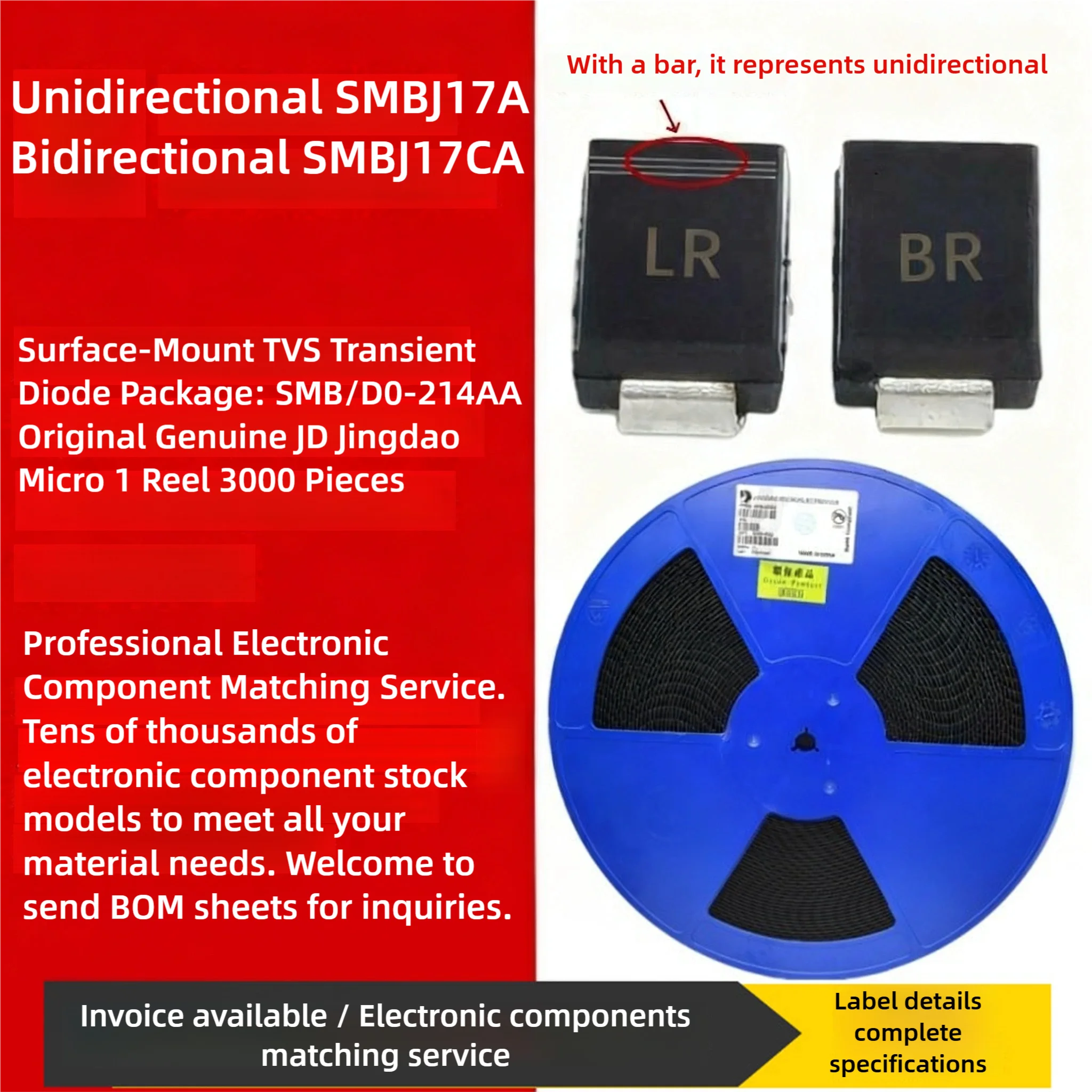 17V Surface Mount TVS Diode SMBJ17A CA Silk-Screened LR BR DO-214AA Original Crystal Conductance Micro