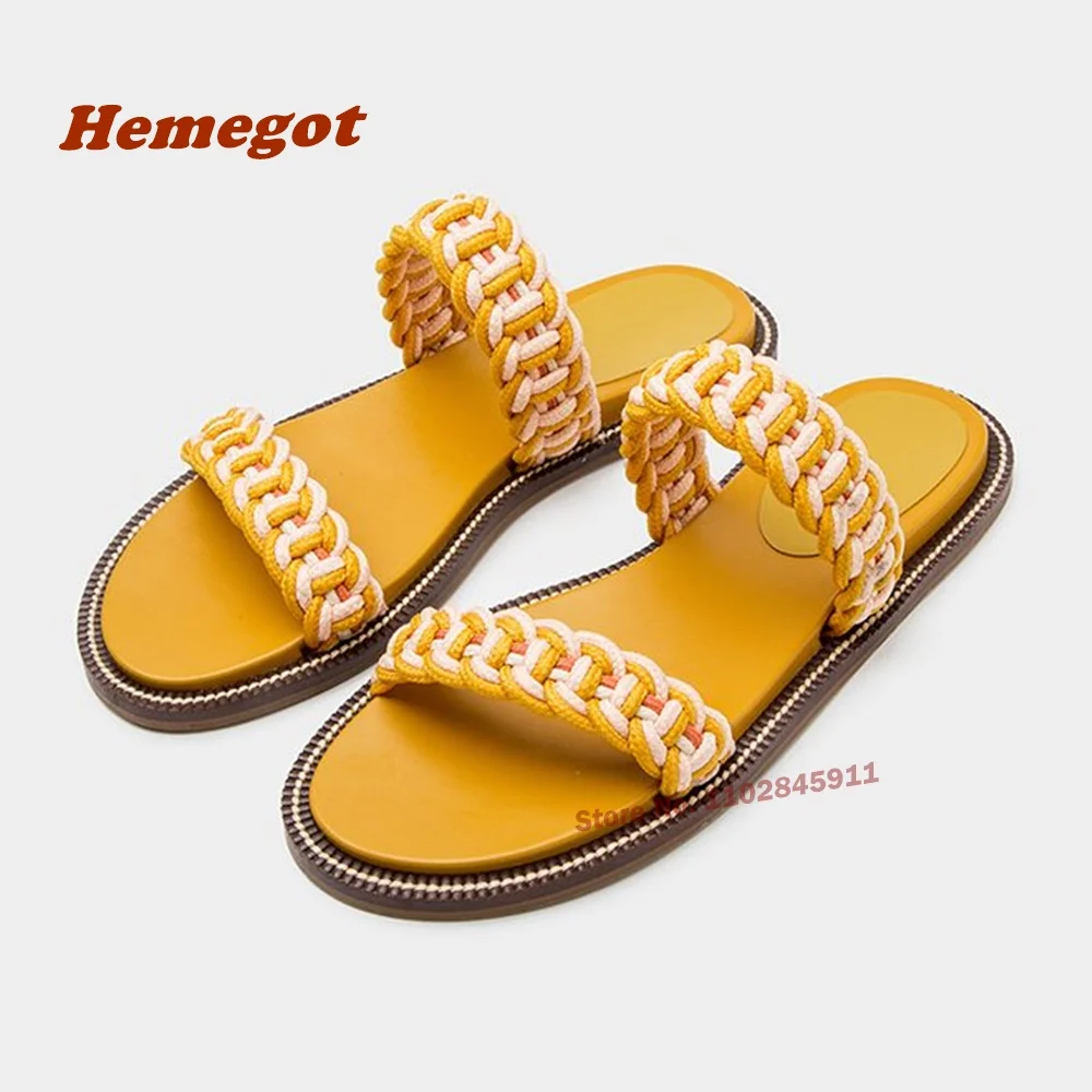 Woven Flat Slippers Bohemian Yellow Open Toe Fishbone Weaving Patchwork Women's Slippers Summer Outside 2024 New Casual Shoes