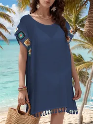 Women 2025 Summer Knitted Beach Cover up Dress White Tassel Crochet Pareo Tunic Outfit Casual Beachwear Cover Up Swimming Wear
