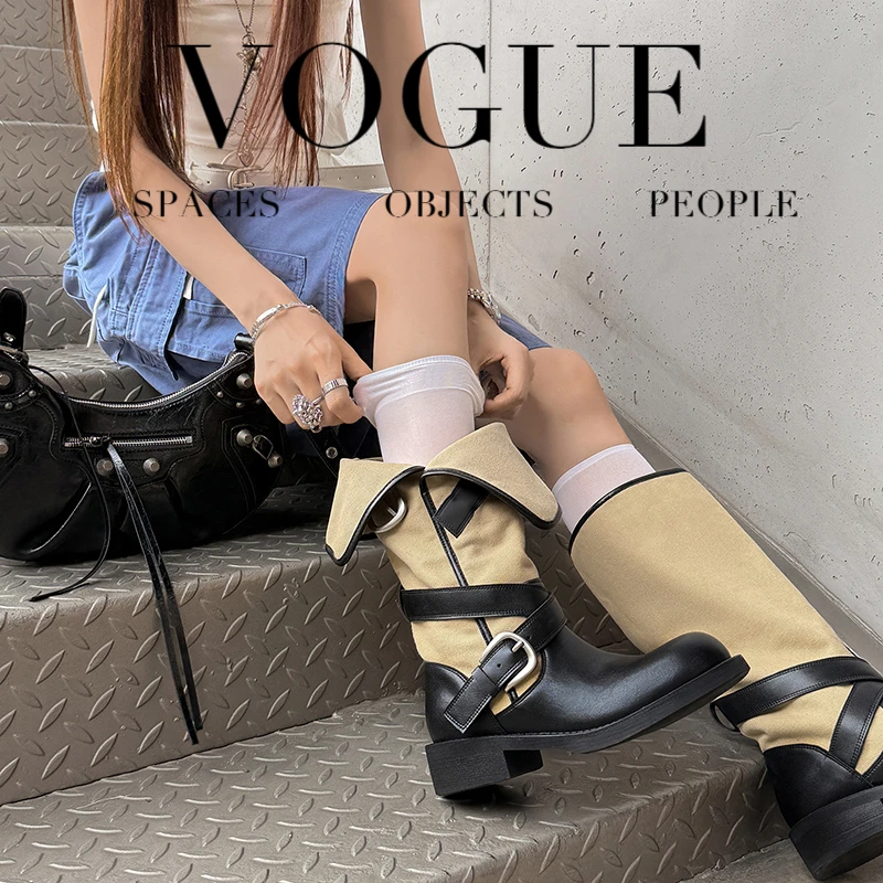 2026 autumn winter women knee-high boots natural leather 22-25cm cowhide+fabric+sheepskin round toe thick heel women long boots