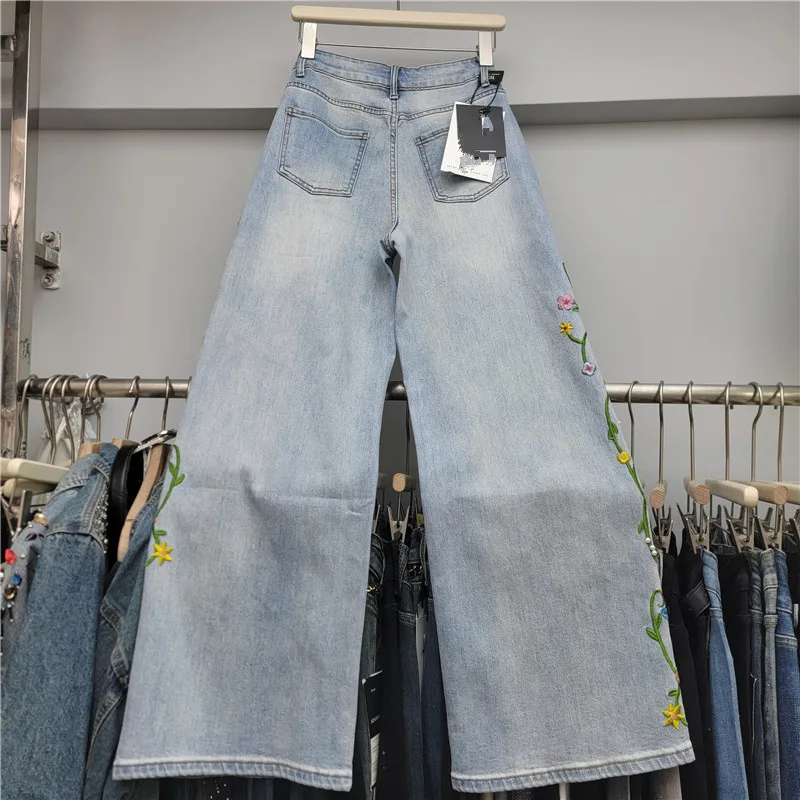 New Spring Autumn Vintage Flowers Embroidery Beads Loose Straight Jeans All-match Floor-length Casual Women's Denim Long Pants