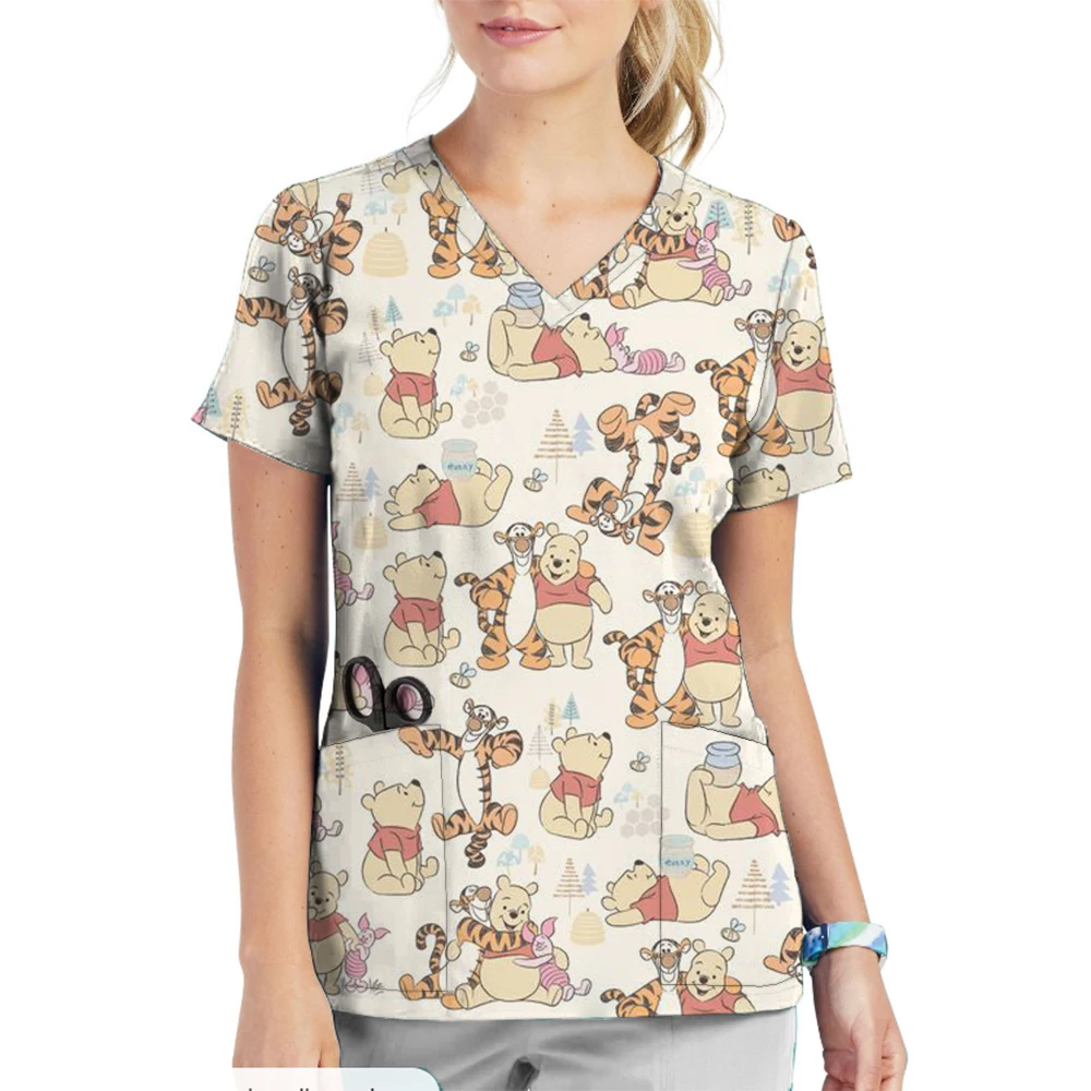 Unisex Veterinary Dental Work Uniforms Disney Winnie the Pooh print Short Sleeved Shirt Nursing Beauty Salon Clothing Women Scru