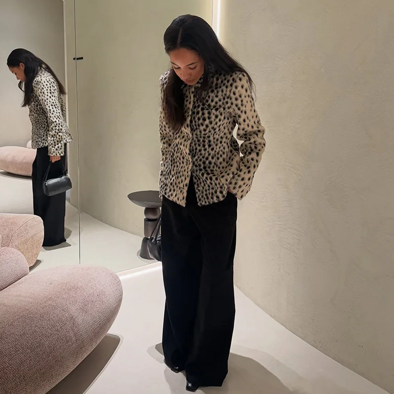 Women's Color Block Spotted Faux Fur Jacket Fur Jacket Wide Lapel Collar Long Sleeve Cropped Hem Drop Shoulder Street Warm Tops 3