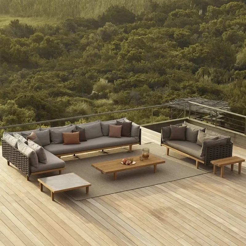 for Outdoor Solid Wood Sofa Courtyard Garden Balcony Waterproof Sunscreen Rattan Chair Antiseptic Wood Furniture