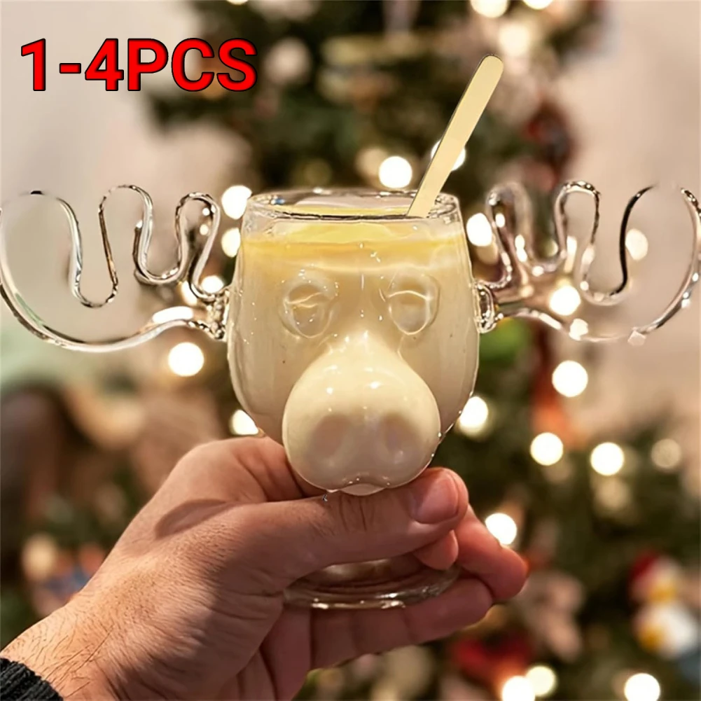 1-2pc Christmas Creative Glass Cup Elk Cute Reindeer Cup Antler Wine Beer Water Juice Milk Glasses Xmas Shot Cups New Year Gifts